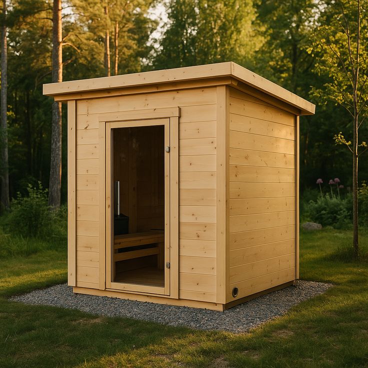 Pale cedar sauna exterior in a forest setting with shed roof design